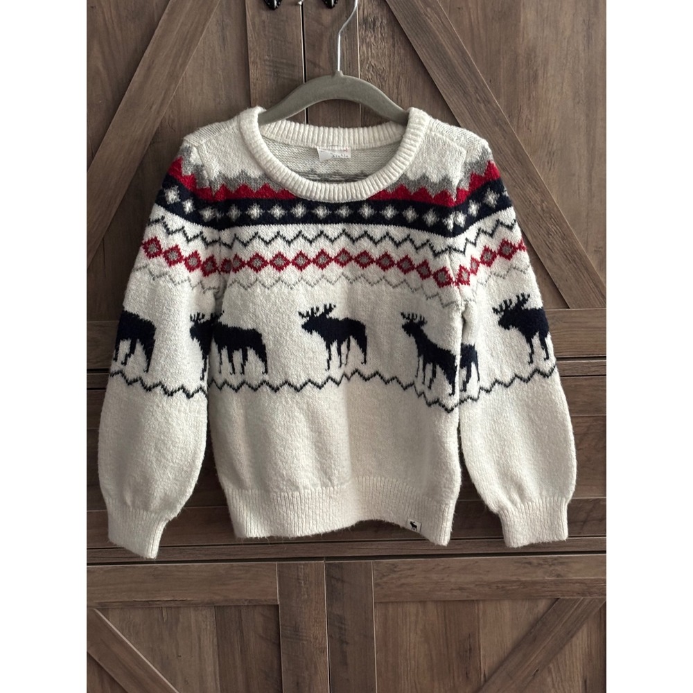 Abercrombie Kids Cream Fair Isle Moose Holiday Sweater Boys Girls Size 5/6 - Picture 1 of 3